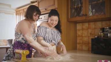 Busty hairy lesbian Luci Q and curvy cutie Astrid Love fuck in the kitchen